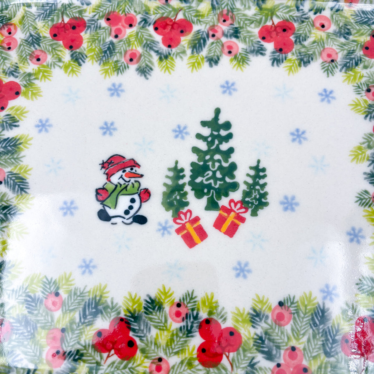 13" Rectangular Baker Handles. Handmade in Poland.  UNIKAT Berry Snowman Design
