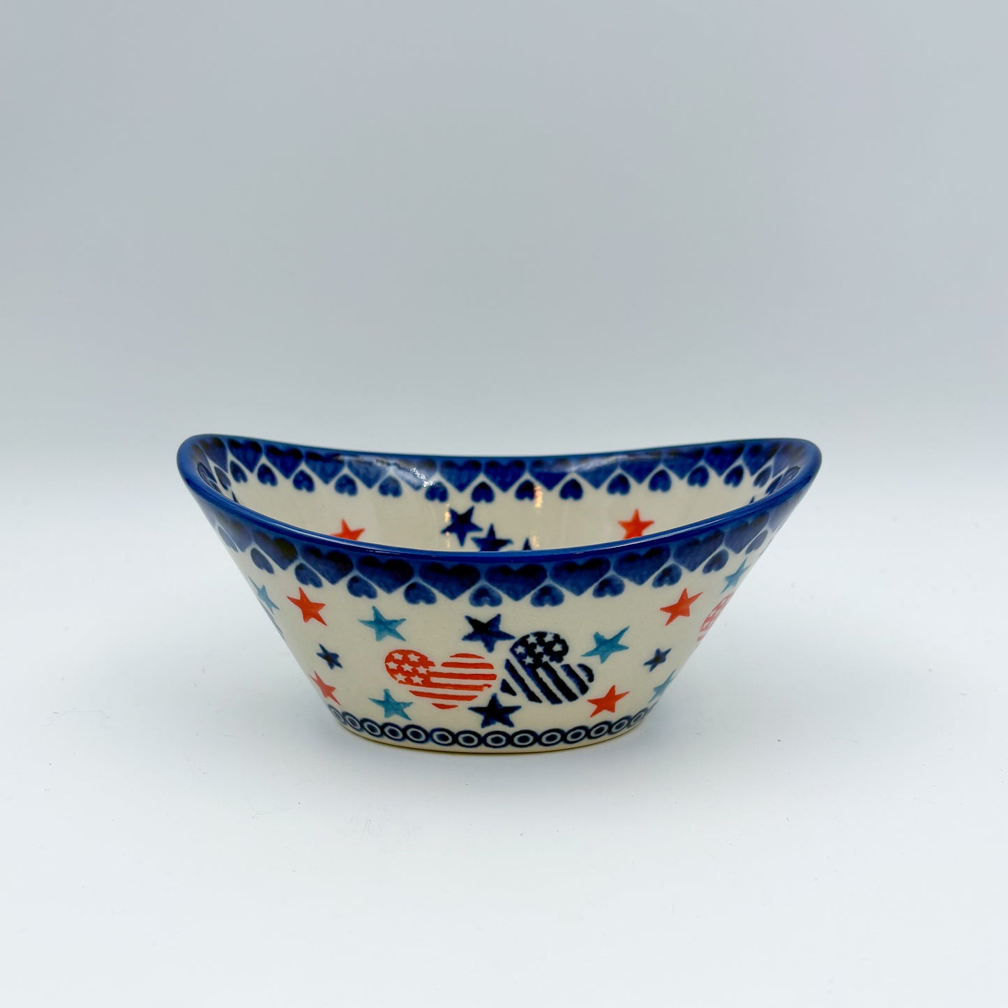 6” Oval Tub Bowl.  Hand crafted Polish pottery stoneware:  UNIKAT Stars and Stripes Pattern