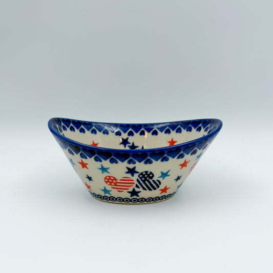 6” Oval Tub Bowl.  Hand crafted Polish pottery stoneware:  UNIKAT Stars and Stripes Pattern
