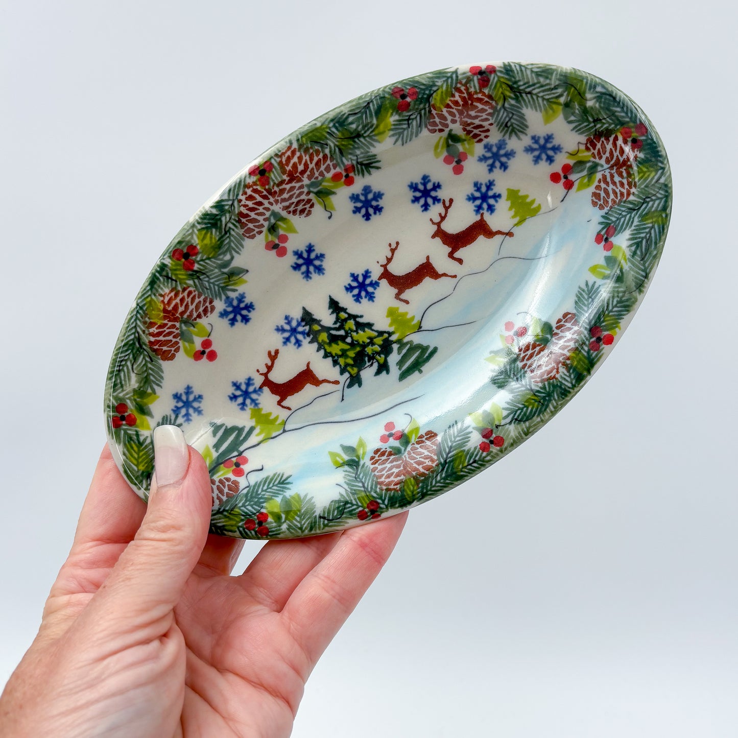 7" Oval Milano Platter  Hand crafted Polish pottery stoneware: UNIKAT Reindeer Bliss Design (Copy)