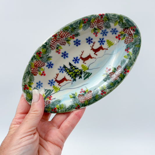 7" Oval Milano Platter  Hand crafted Polish pottery stoneware: UNIKAT Reindeer Bliss Design (Copy)