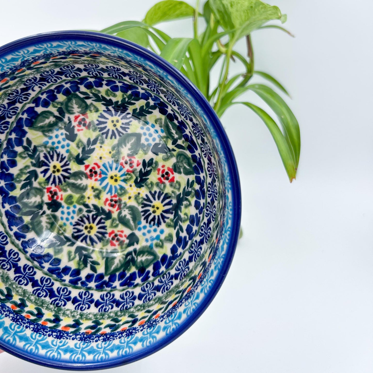 6.” Farm Bowl.  Hand crafted Polish pottery stoneware: UNIKAT Blue Flor-de-lis Design