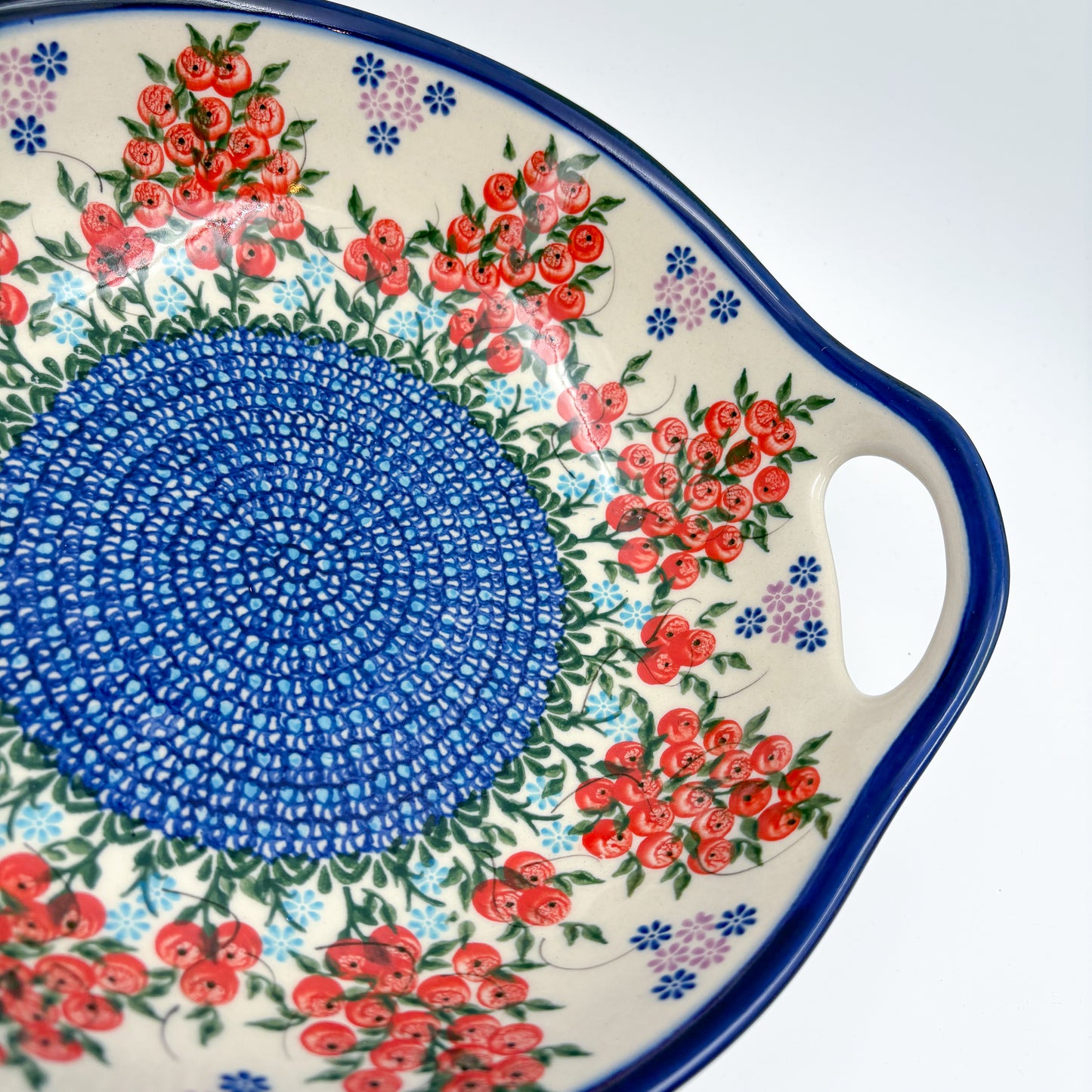 10" Bowl with Handles.  Hand crafted Polish pottery stoneware:  UNIKAT Red Berry Pattern