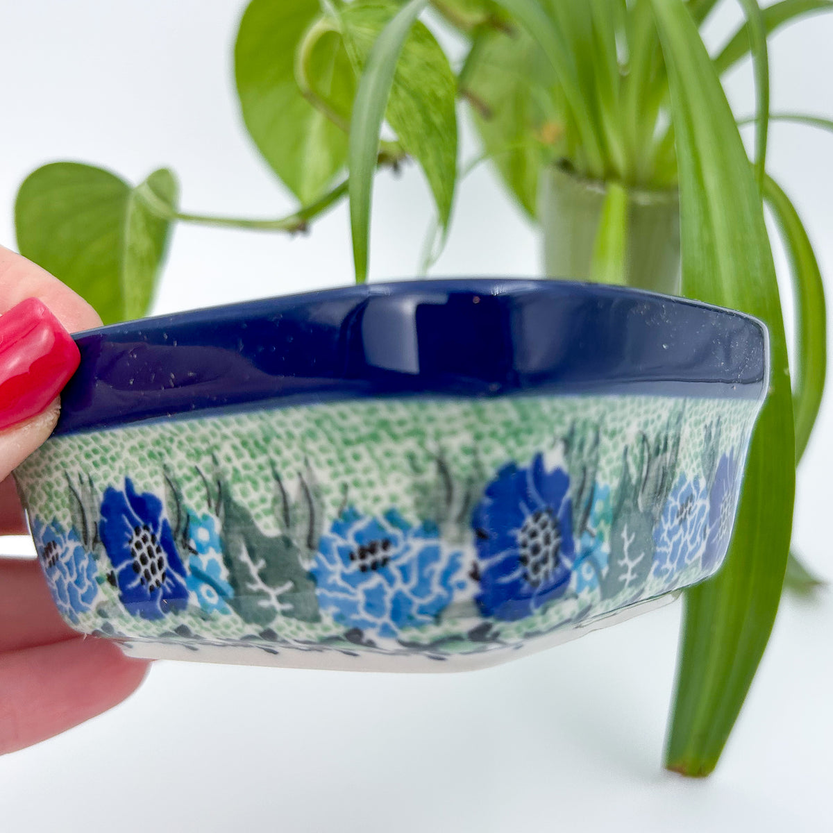Polish pottery 4” square floral bowl in the UNIKAT Moody Blues Design. Ceramika Artystyczna Company