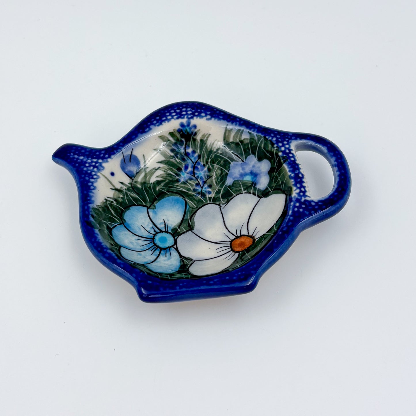 Teabag Rest Holder.  Handmade Polish pottery.  UNIKAT Forget Me Not Pansy