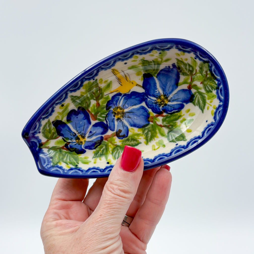 Spoon Rest 5”.  Handmade Polish pottery.  UNIKAT Blue Poppy Songbird