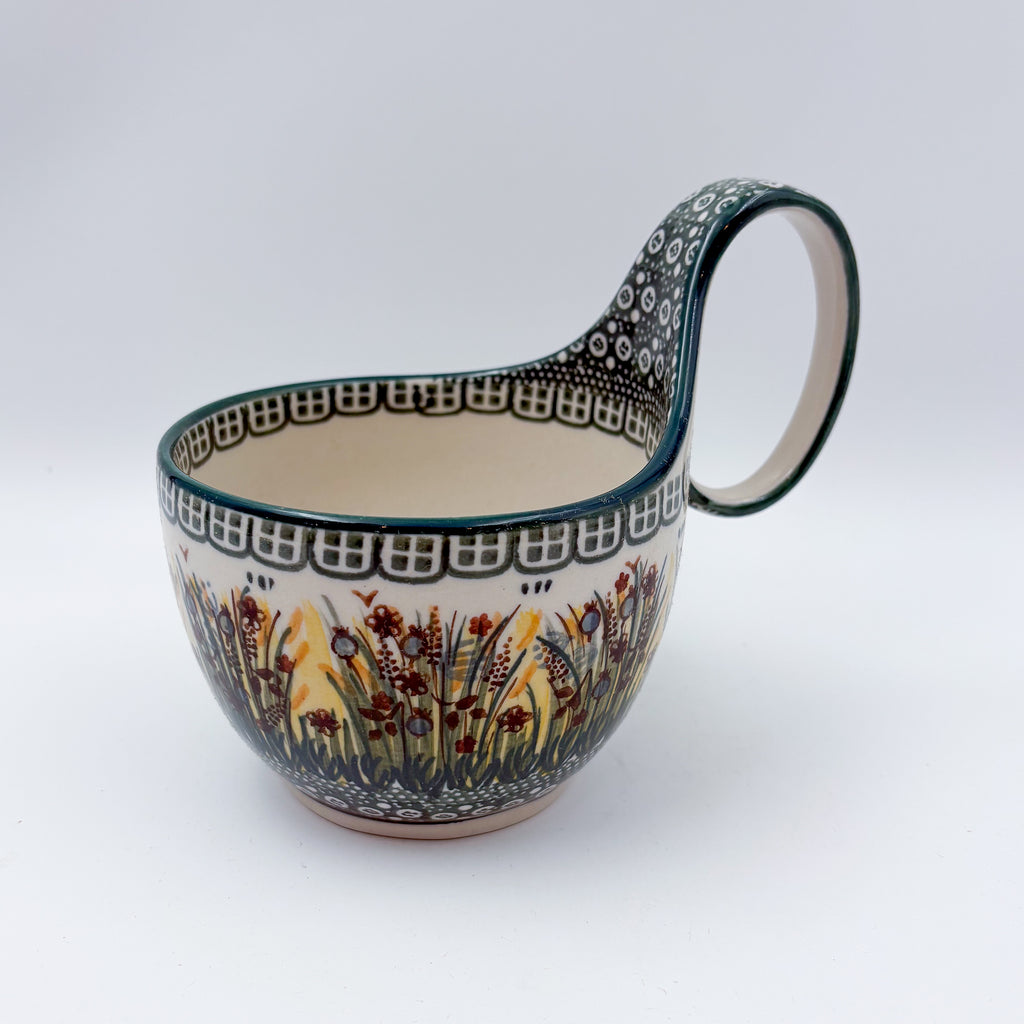 16 oz Bowl/Mug with Loop-Handle.  Hand crafted Polish pottery stoneware: UNIKAT Fall Reeds