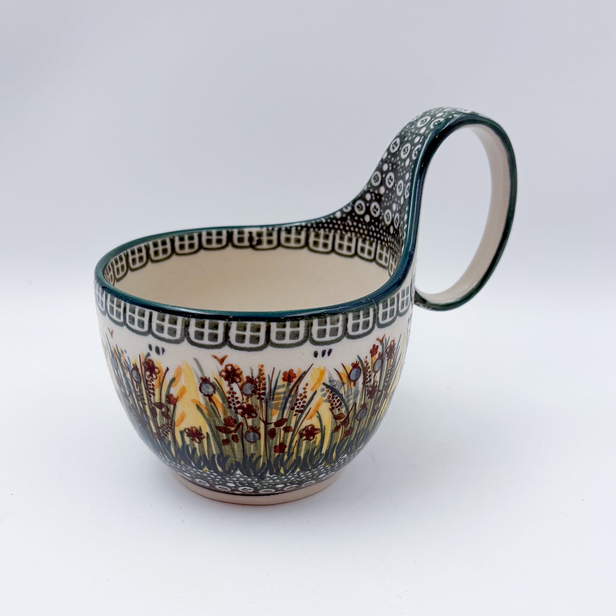 16 oz Bowl/Mug with Loop-Handle.  Hand crafted Polish pottery stoneware: UNIKAT Fall Reeds