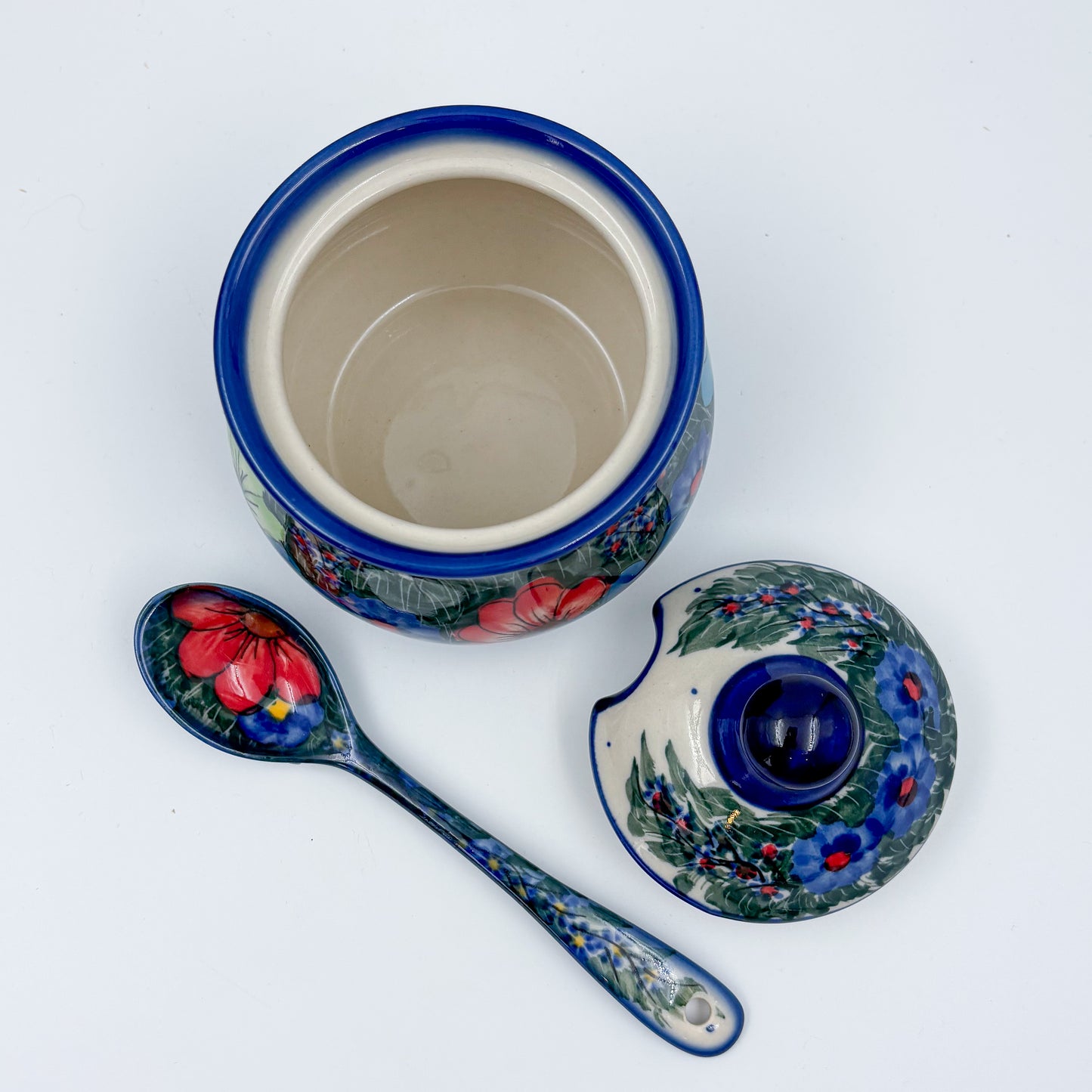 Sugar Bowl and spoon.  UNIKAT Forget Me Knot Pansy Pattern