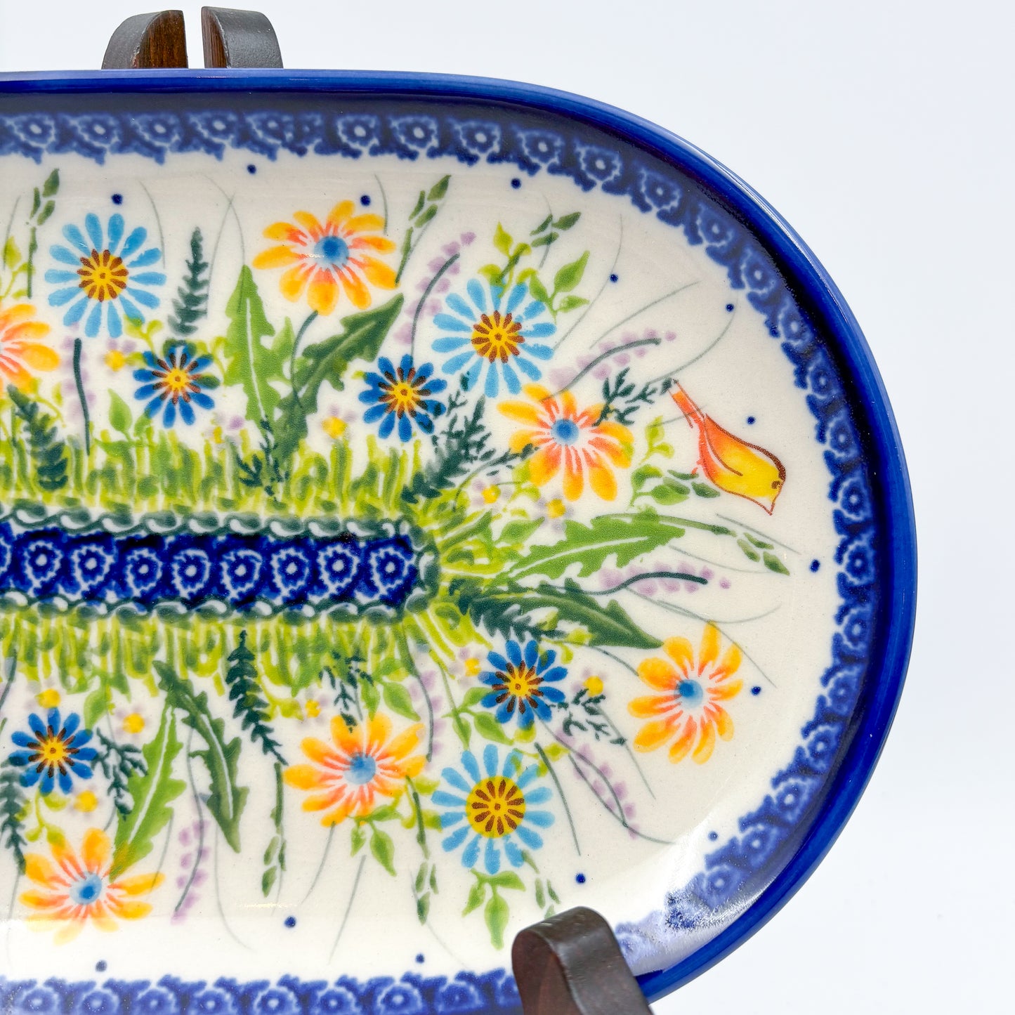 9” Oval Platter.  Hand crafted Polish pottery stoneware: UNIKAT Wildflower Meadow Design