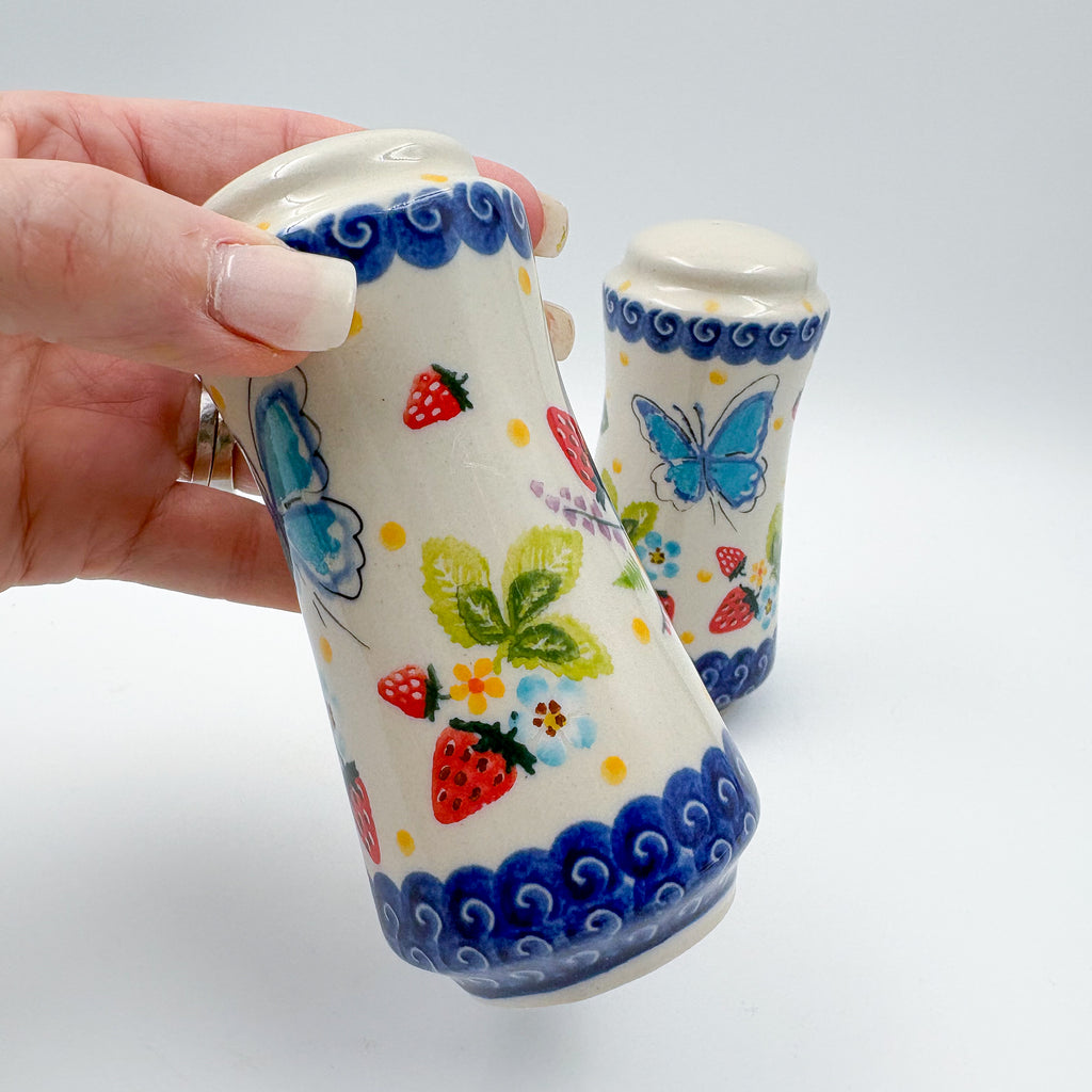 5” Salt and Pepper Shakers.  Handmade Polish pottery.  UNIKAT Strawberry Fields