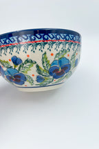 6.25” Deep Bowl.  Hand crafted Polish pottery stoneware:  Pansies In Bloom