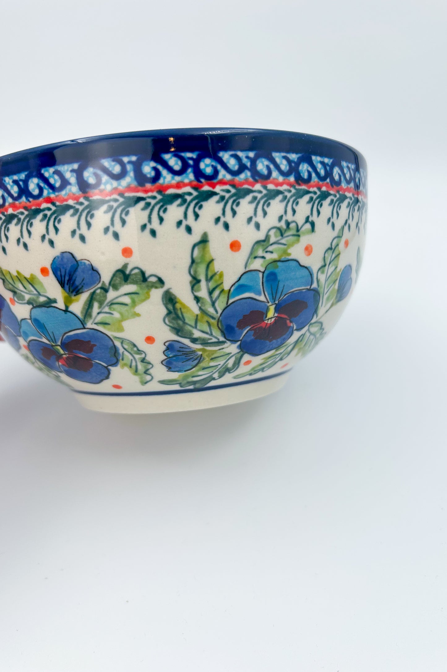 6.25” Deep Bowl.  Hand crafted Polish pottery stoneware:  Pansies In Bloom