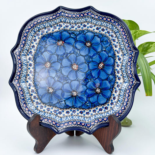 8 Point Platter  Hand crafted Polish pottery stoneware: UNIKAT Cobalt Poppies Design.