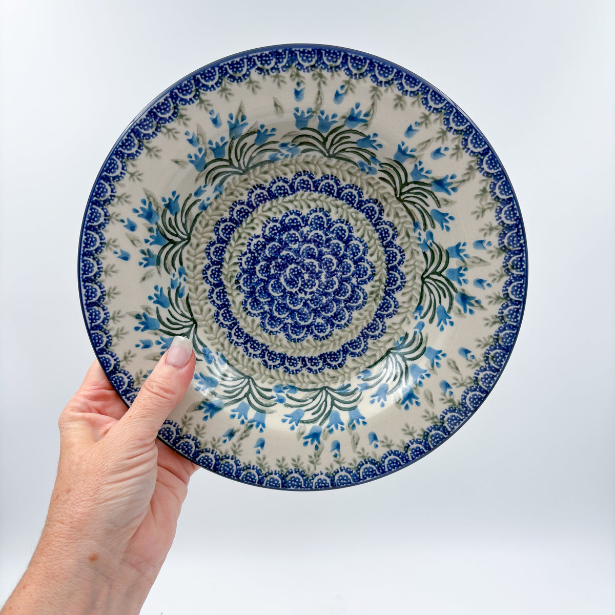 9”  Pasta Bowl.  Hand crafted Polish pottery stoneware: UNIKAT Feathery Bluebells Design