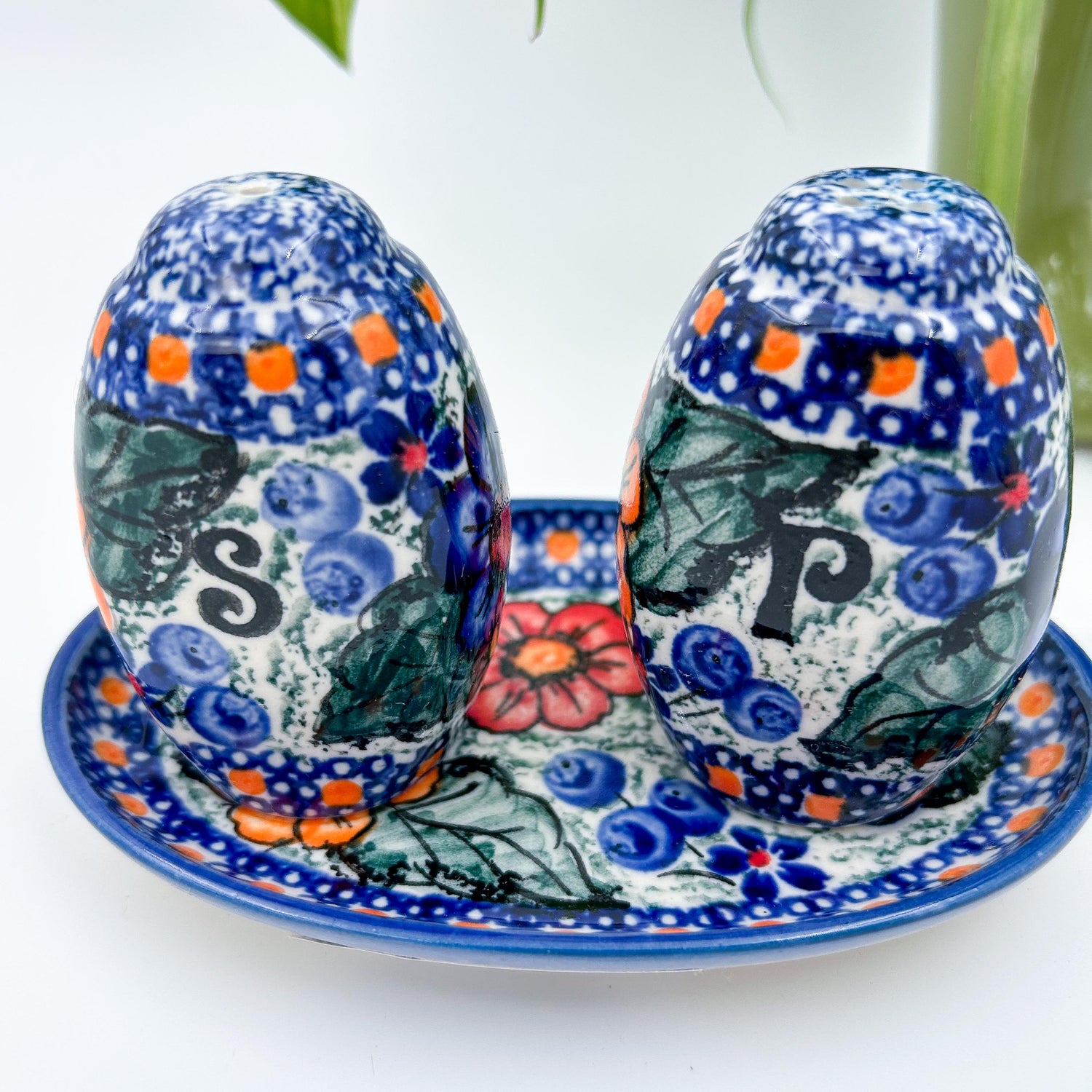 5” blue, green and orange salt and pepper shakers