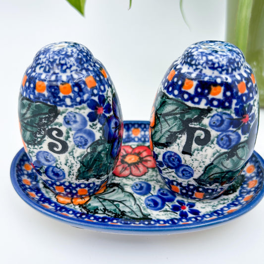 5” blue, green and orange salt and pepper shakers