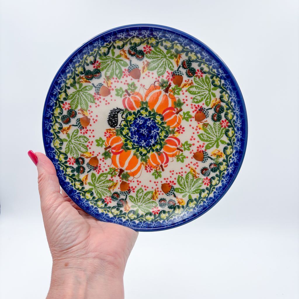 7.75” Plate.  Hand crafted Polish pottery stoneware: UNIKAT Hedgehogs and Pumpkins