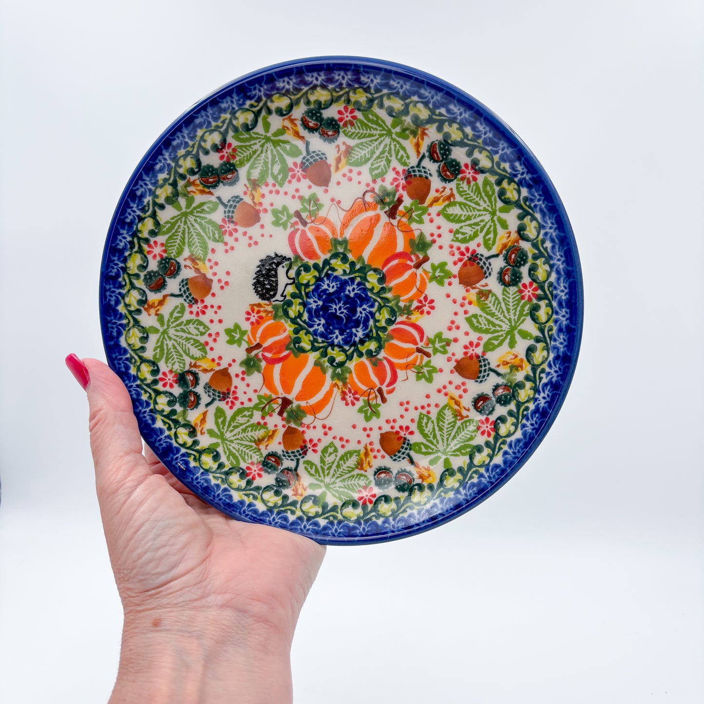 7.75” Plate.  Hand crafted Polish pottery stoneware: UNIKAT Hedgehogs and Pumpkins