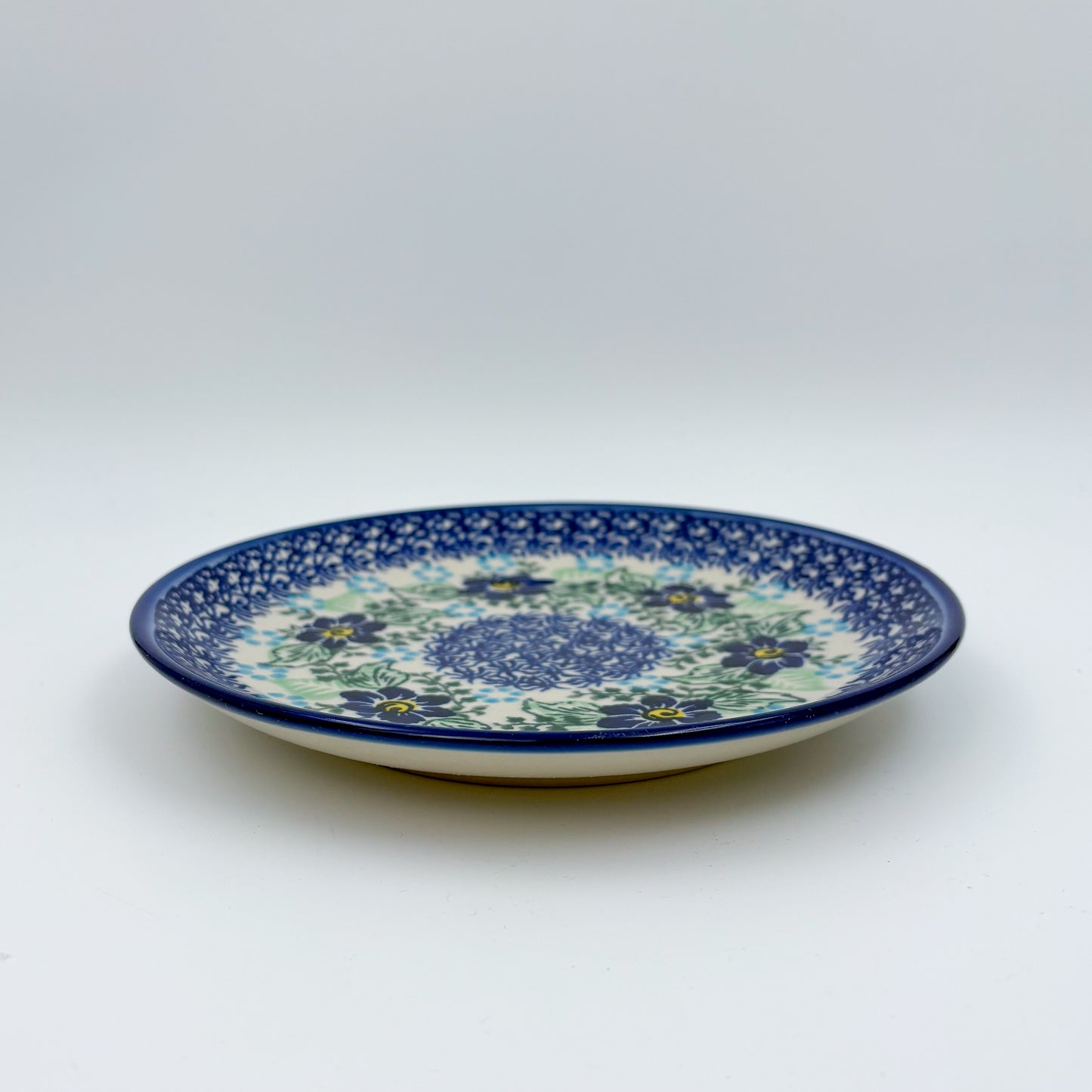 7.5” Plate.  Hand crafted Polish pottery stoneware: UNIKAT Blue Floral Day Design