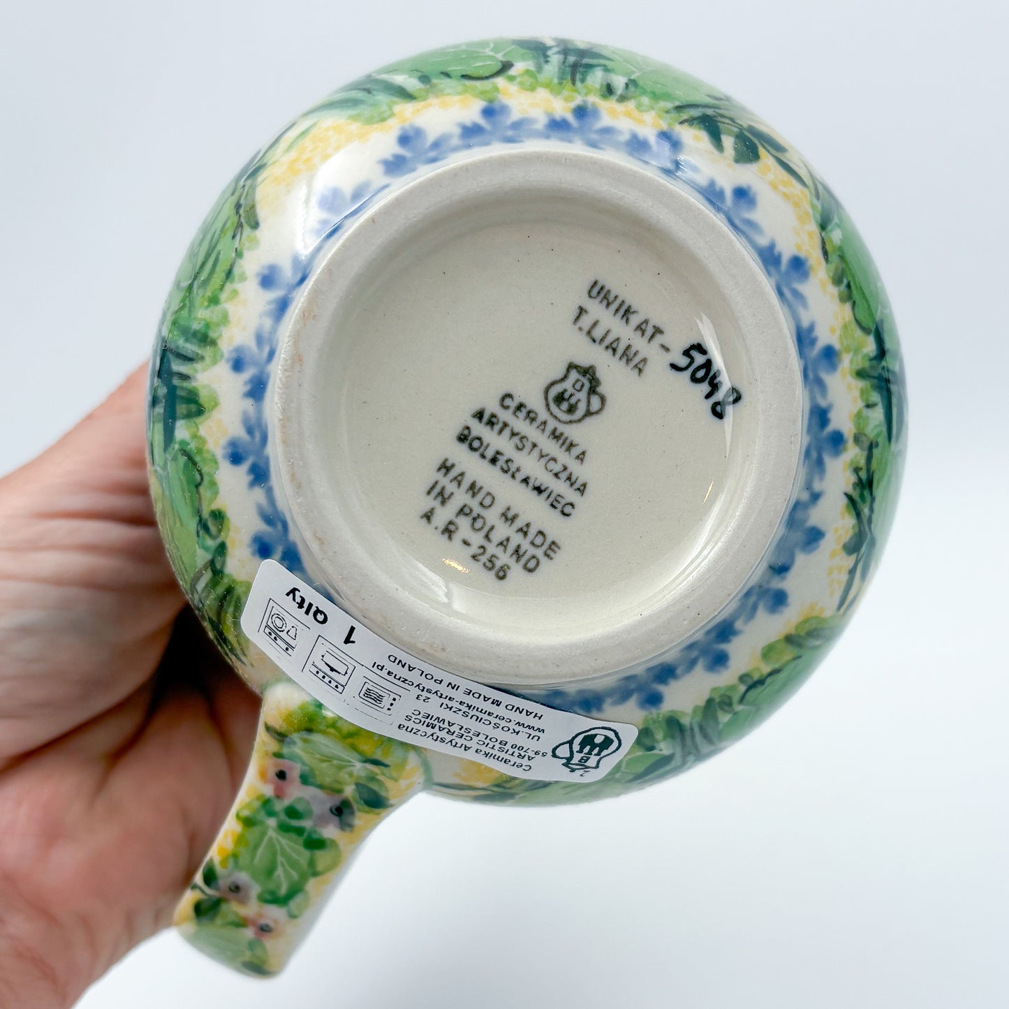 16 oz Bubble Mug. Handcrafted Polish pottery stoneware: UNIKAT Blue Hydrangea Design