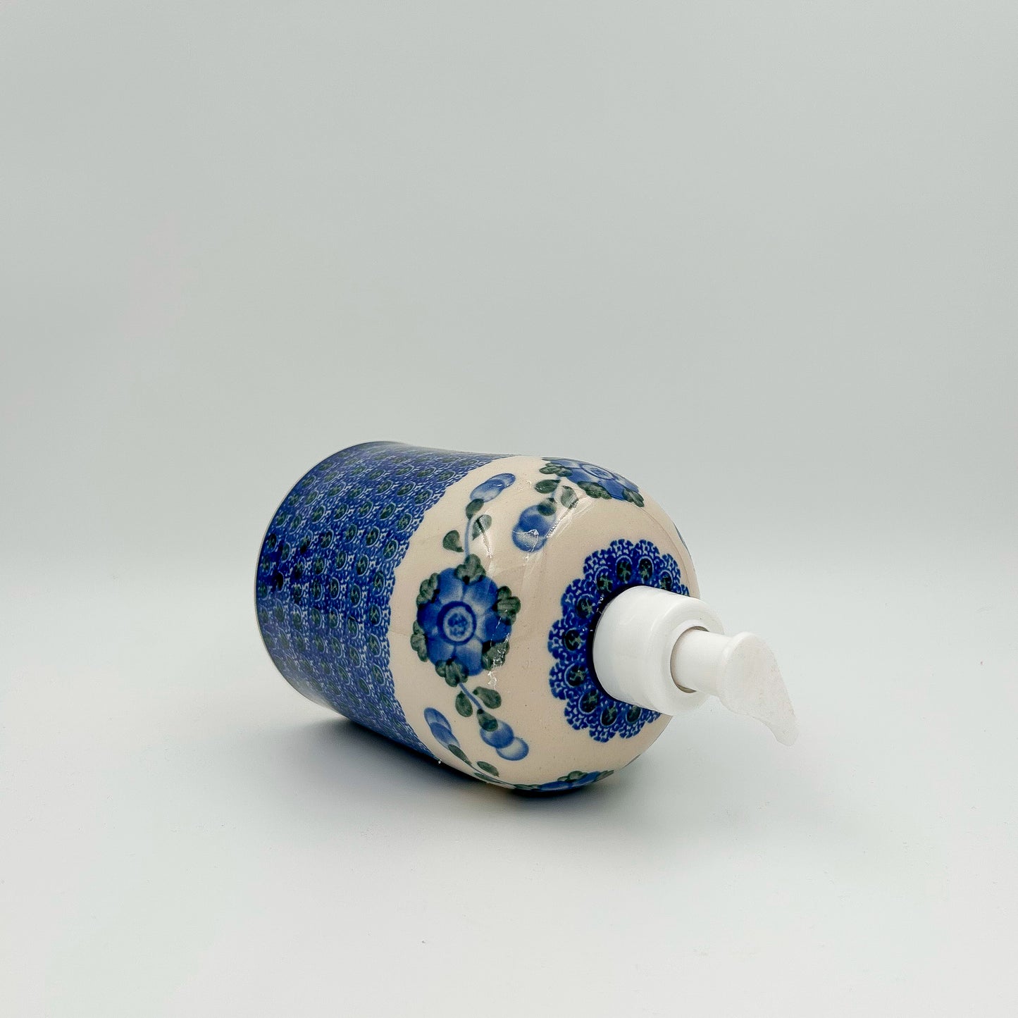 Soap Dispenser 7”.  Handmade Polish pottery.  Blue Poppies