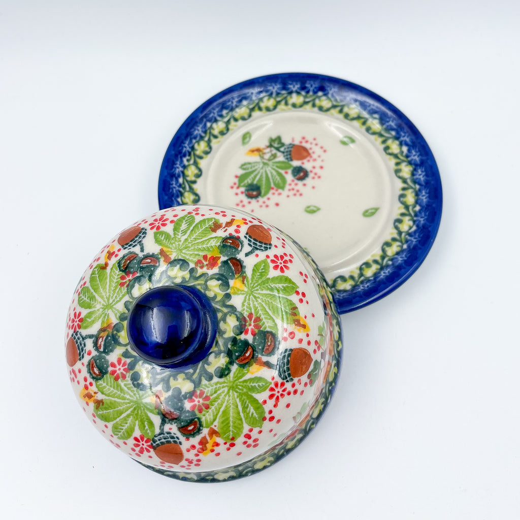 Round Butter/Cheese Covered Dish: UNIKAT Hedgehogs and Acorns Design