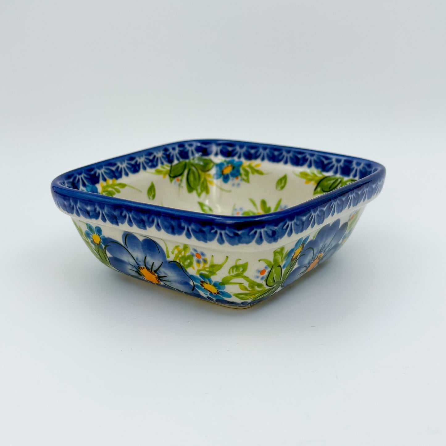 5” Square Bowl.  Hand crafted Polish pottery stoneware:   Unikat Blue Daisy