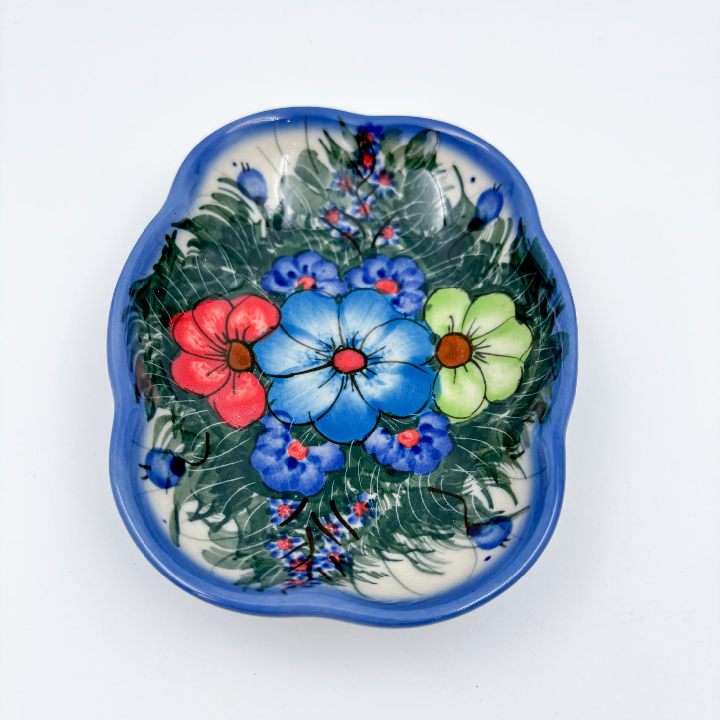 5" Soap Dish.  Handmade Polish pottery.  UIKAT Forget Me Not Design