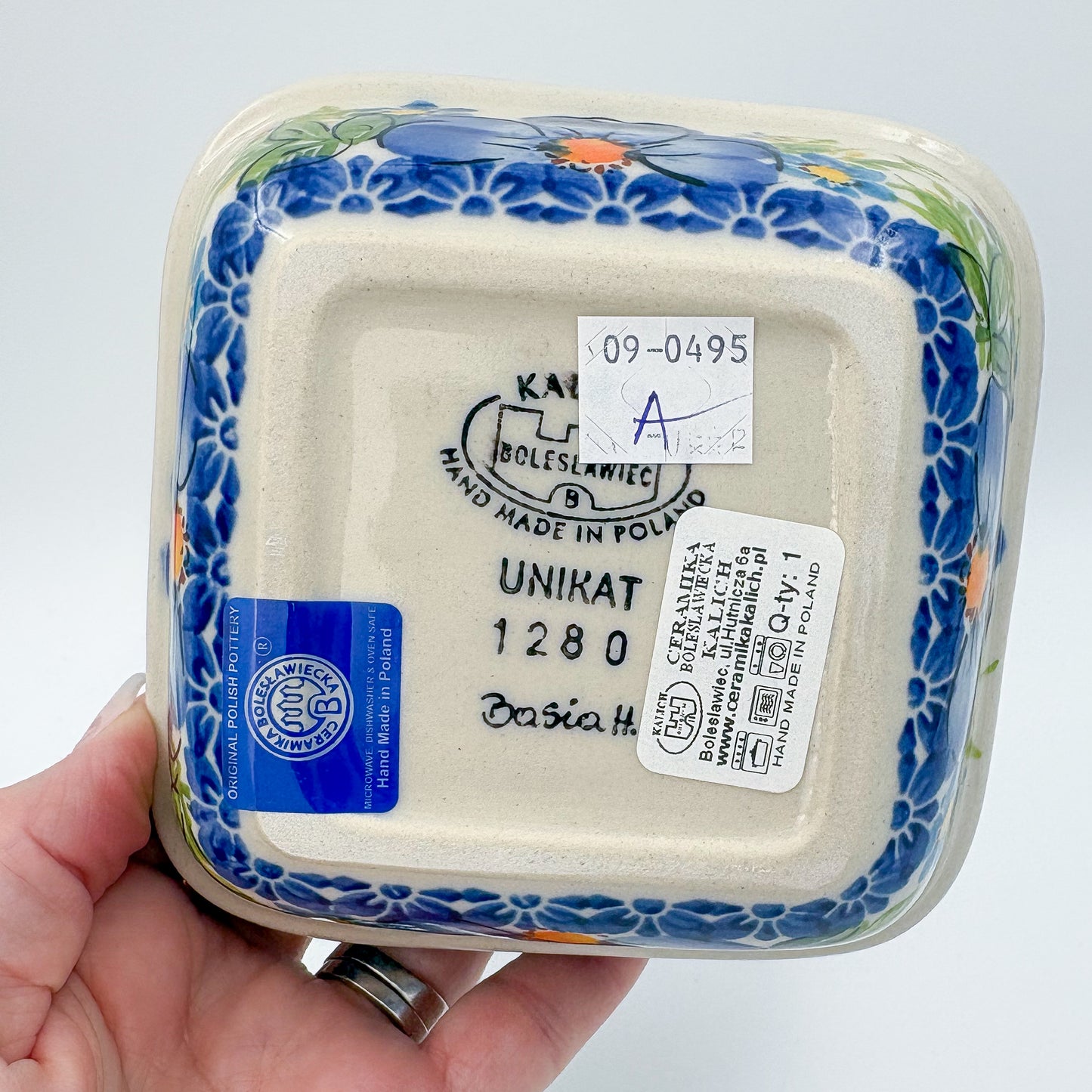 5” Square Bowl.  Hand crafted Polish pottery stoneware:   Unikat Blue Daisy