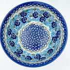 6” Deep Bowl.  Hand crafted Polish pottery stoneware: UNIKAT Blue KISS Blooms Design