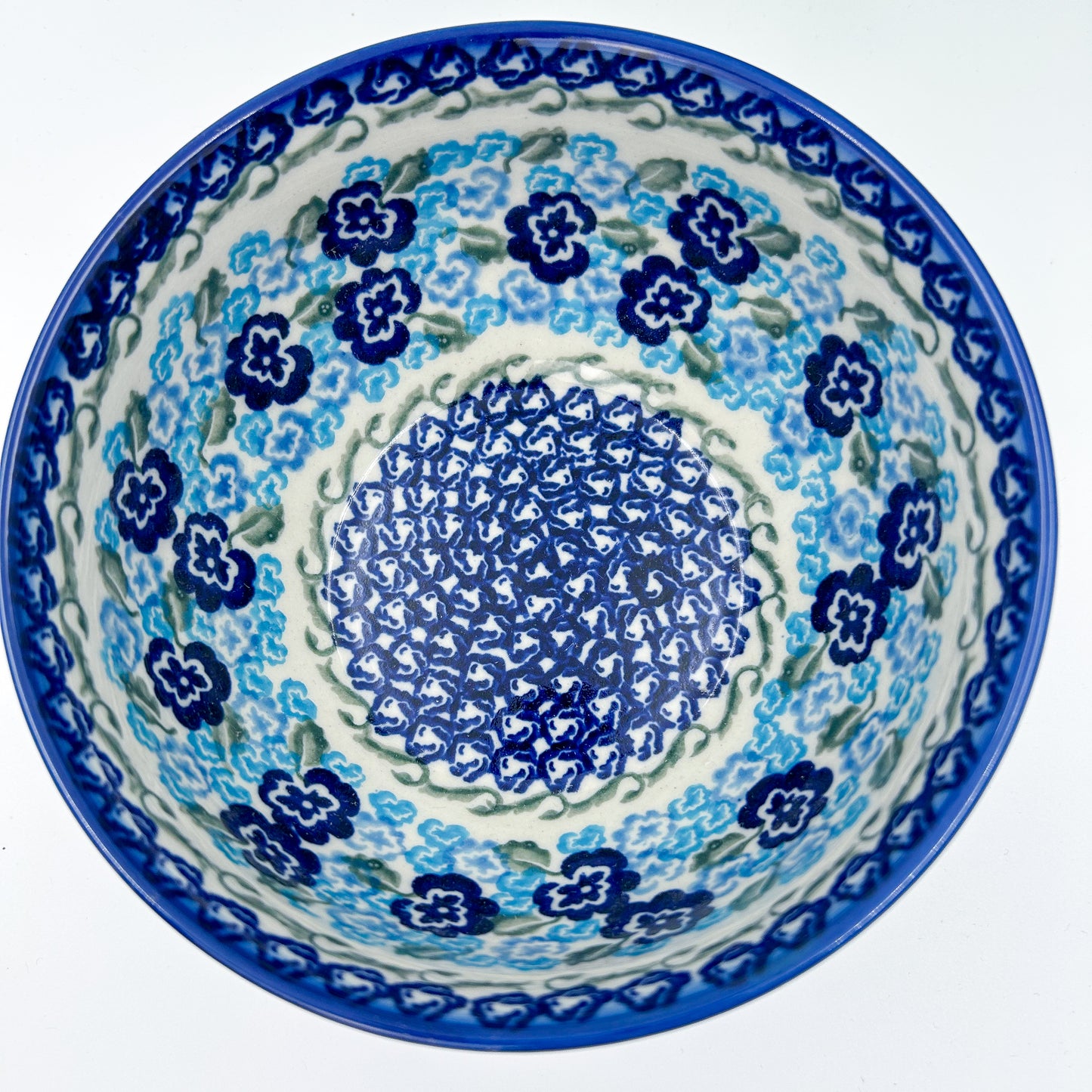 6.” Farm Bowl.  Hand crafted Polish pottery stoneware: UNIKAT Blue KISS Blooms Design