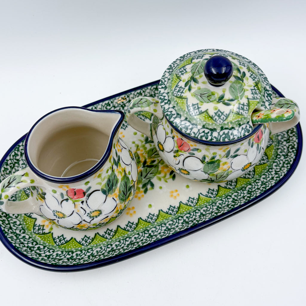 10" Cream and Sugar Set (with small spoon).  UNIKAT Hidden Pansy Design