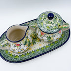 10" Cream and Sugar Set (with small spoon).  UNIKAT Hidden Pansy Design