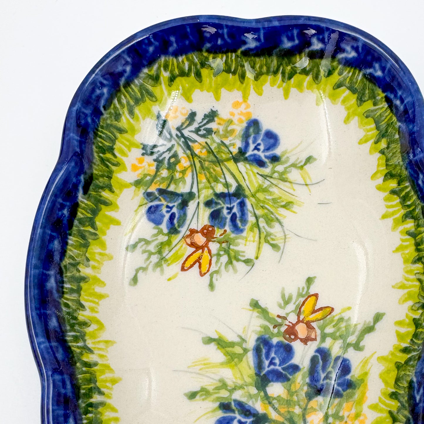 5" Soap Dish.  Handmade Polish pottery.  UIKAT Bluebell Meadow Design