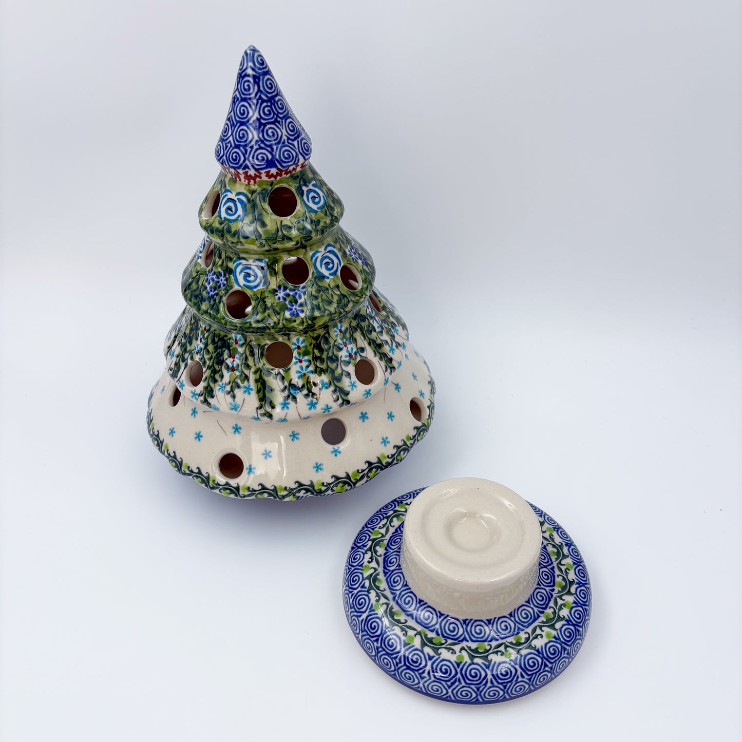9.4" Christmas Tree Luminary with Base  Handmade Polish pottery.  UNIKAT Whispering Ferns Design