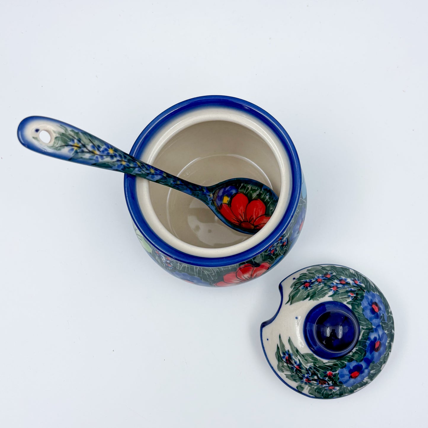 Sugar Bowl and spoon.  UNIKAT Forget Me Knot Pansy Pattern
