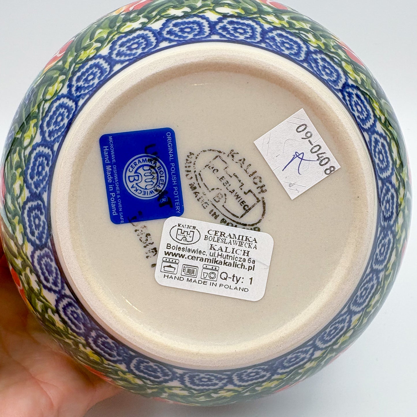 6” Bowl.  Hand crafted Polish pottery stoneware:  Tulips and Bees Design