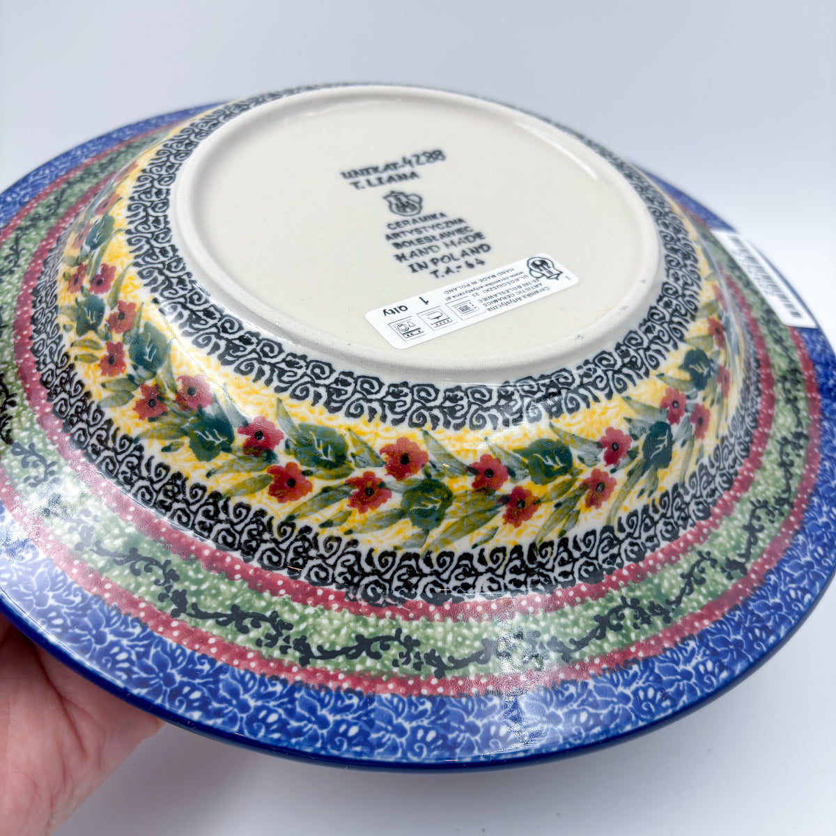 9”  Pasta Bowl.  Hand crafted Polish pottery stoneware: UNIKAT Copper Rose Meadow Design
