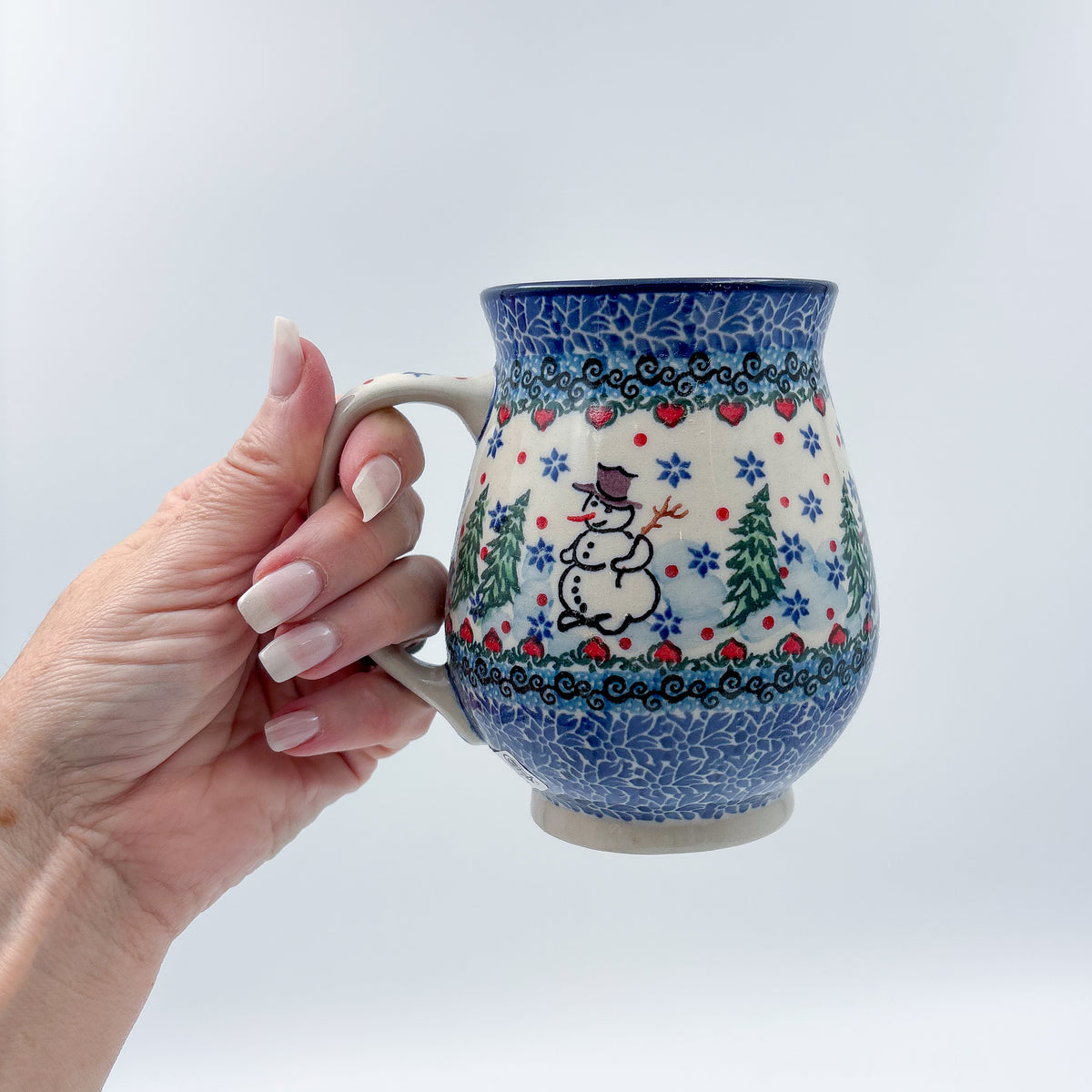17 oz Mug. Handcrafted Polish pottery stoneware:  UNIKAT Dancing Snowman Design