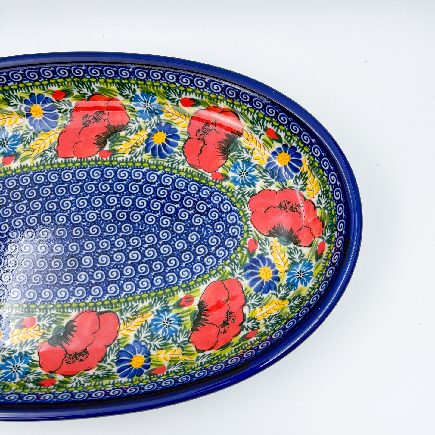 14" Oval Platter  Hand crafted Polish pottery stoneware: UNIKAT Garden Poppy Design