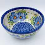 Blue Daisy bowl, top-down view showing daisy ring around blue dotted center