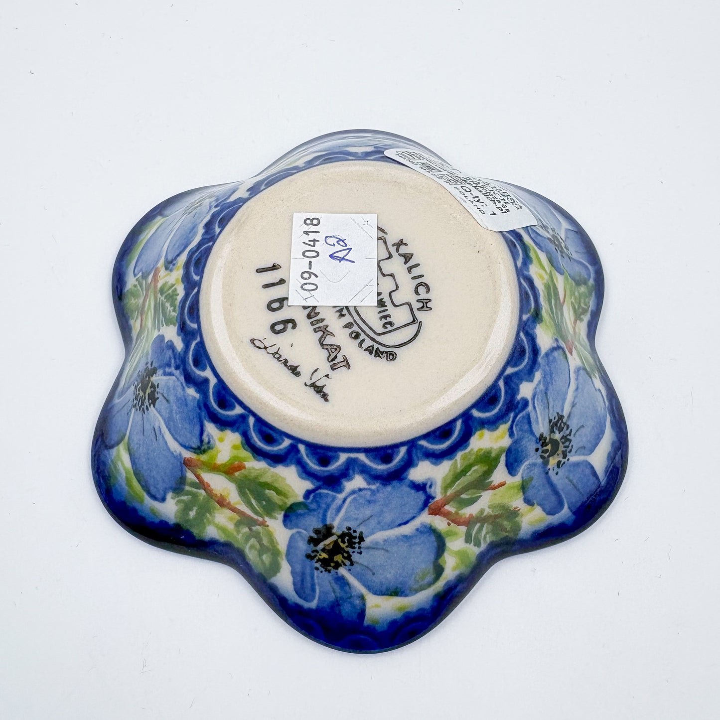 5” Bowl Flower.  Hand crafted Polish pottery stoneware:  UNIKAT Blue Poppy Songbird pattern