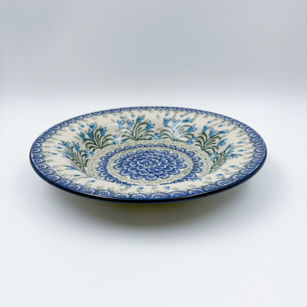 9”  Pasta Bowl.  Hand crafted Polish pottery stoneware: UNIKAT Feathery Bluebells Design