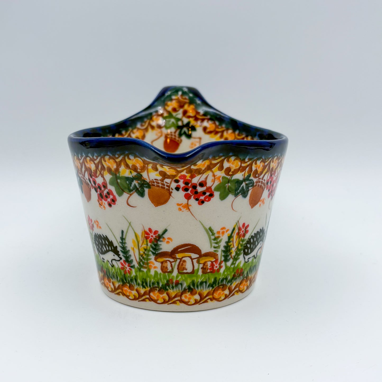 12 oz Loop Handle Gravy Boat.  Hand painted Polish pottery stoneware.  UNIKAT Hedgehog and Mushroom