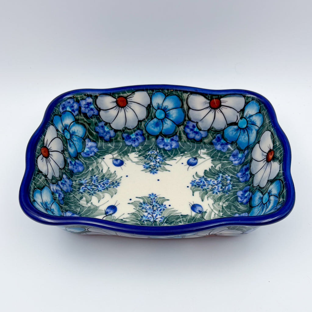 8” Rectangular Fala Baker Handmade in Poland.  UNIKAT Forget Me Not Pansy