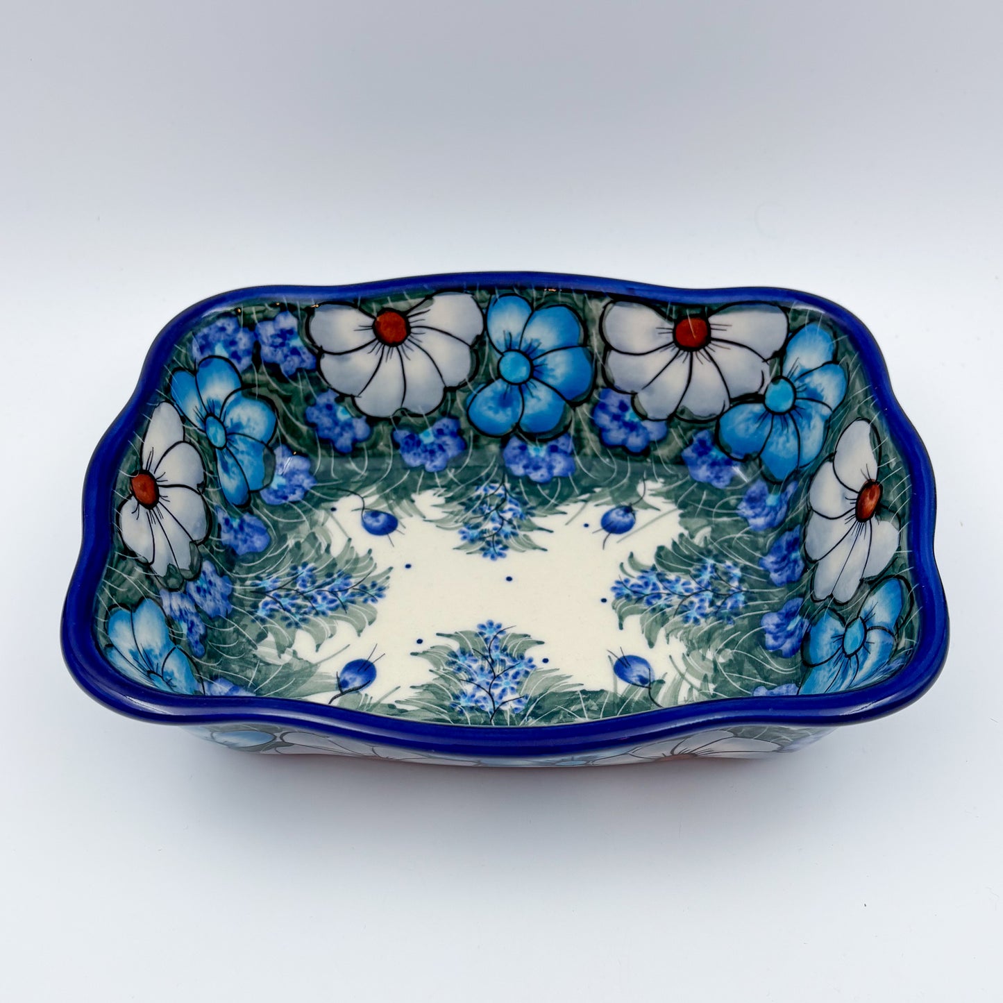 8” Rectangular Fala Baker Handmade in Poland.  UNIKAT Forget Me Not Pansy