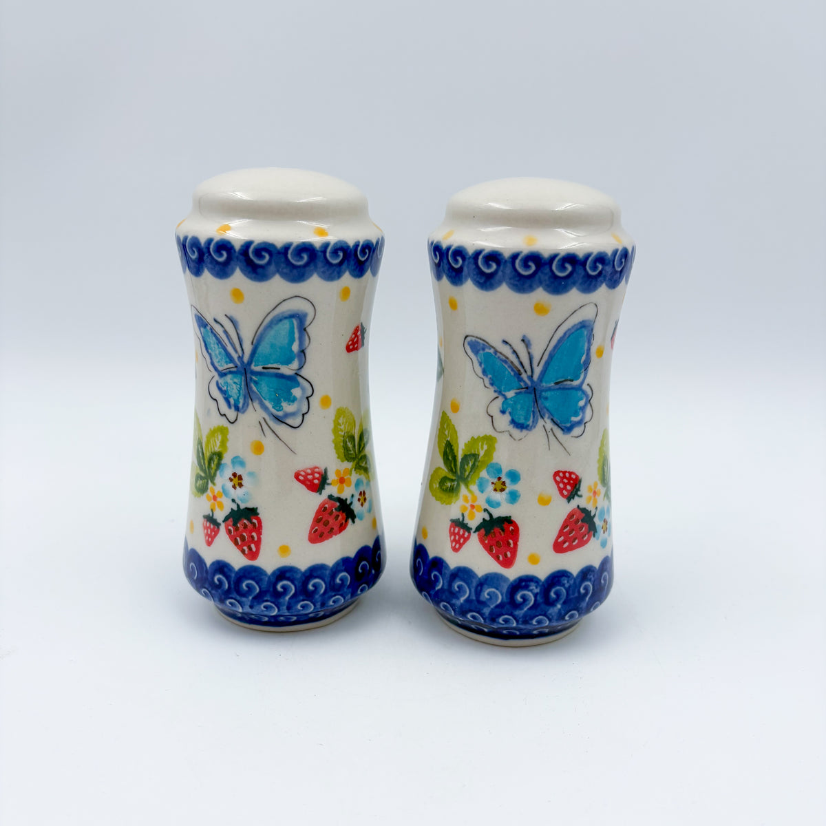 5” Salt and Pepper Shakers.  Handmade Polish pottery.  UNIKAT Strawberry Fields