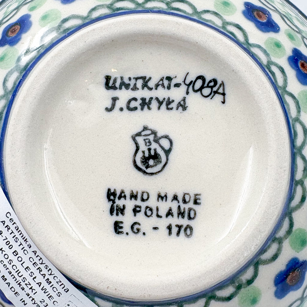 5” Bowl.  Hand crafted Polish pottery stoneware: UNIKAT Green Pansies Design