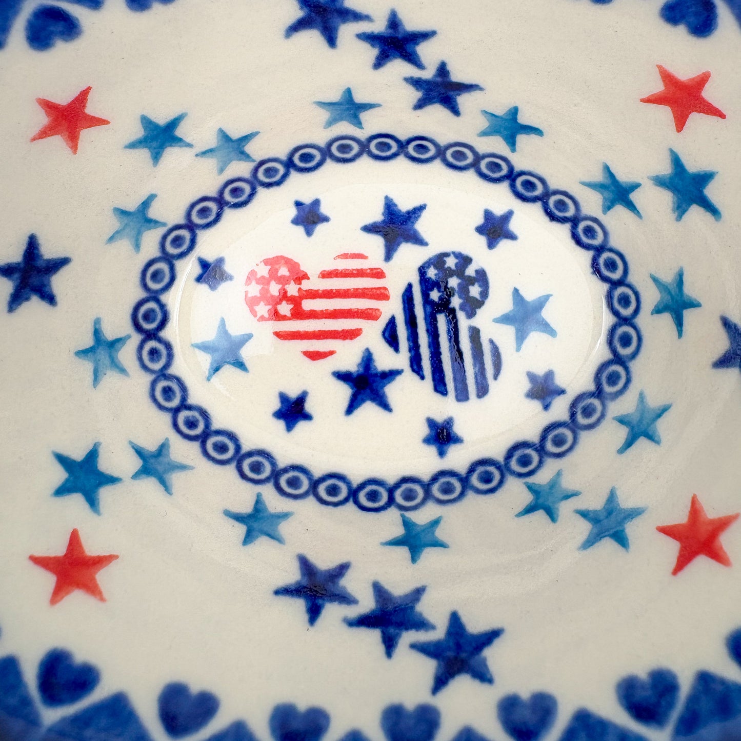 6” Oval Tub Bowl.  Hand crafted Polish pottery stoneware:  UNIKAT Stars and Stripes Pattern